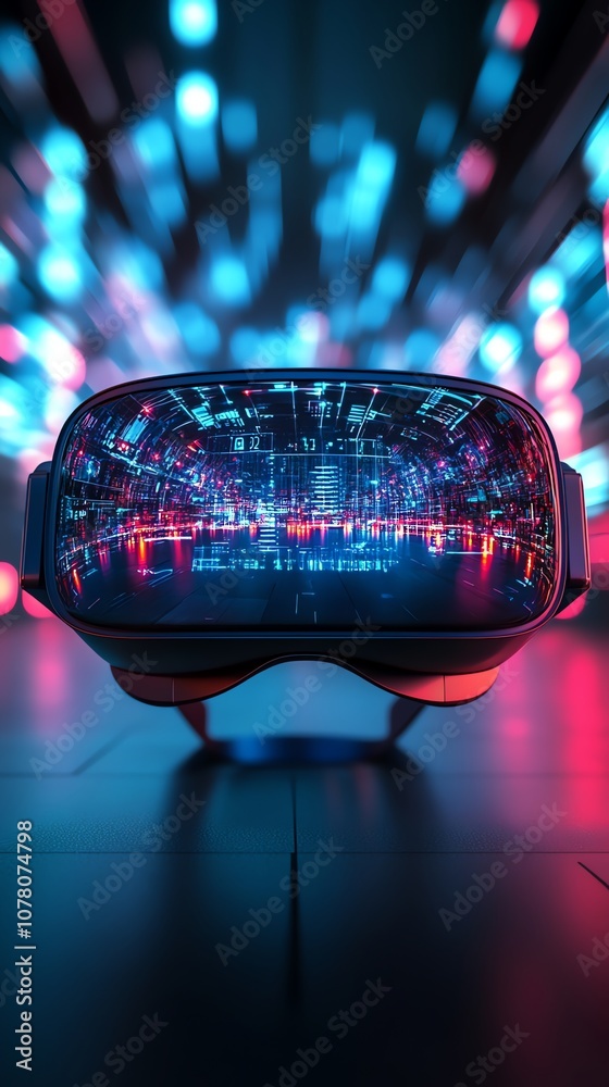 Poster a vr headset with a futuristic digital display in the lenses, set against a background of blurred co