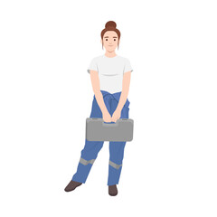 Young woman car technician in uniform carrying car jack box. Flat vector illustration isolated on white background