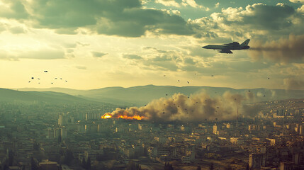 Aerial view of military aircraft dropping bombs over a city, with smoke and fire rising from the target area, capturing the intense and impactful moment of the strike.
