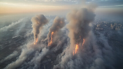 Aerial view of military aircraft dropping bombs over a city, with smoke and fire rising from the target area, capturing the intense and impactful moment of the strike.