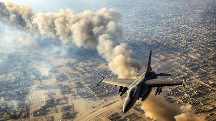 Aerial view of military aircraft dropping bombs over a city, with smoke and fire rising from the target area, capturing the intense and impactful moment of the strike.