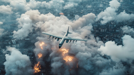 Aerial view of military aircraft dropping bombs over a city, with smoke and fire rising from the target area, capturing the intense and impactful moment of the strike.