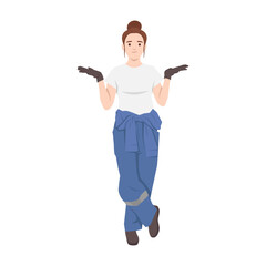 Young woman car technician in uniform and glove with open palm hand showing something. Flat vector illustration isolated on white background