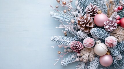 Weihnachtskarten Vorlage mit blauem Hintergrund und weihnachtlichem Gebinde, X-Mas Karte mit Weihnachtsschmuck