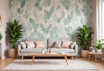 Scandinavian living room interior design zoom background,Doodle patterned wallpaper graphics