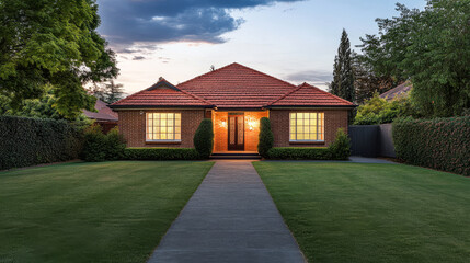 Charming brick house with manicured lawn and inviting entrance at dusk in a suburban neighborhood