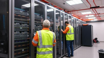 Professional Technicians in High-Tech Data Center Server Room Ensuring Optimal Performance and Security