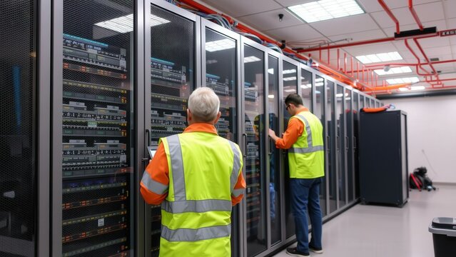 Professional Technicians in High-Tech Data Center Server Room Ensuring Optimal Performance and Security