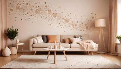 Scandinavian living room interior design zoom background,Doodle patterned wallpaper graphics