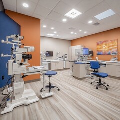 Modern eye exam room with medical equipment, blue and orange walls, and a large window.