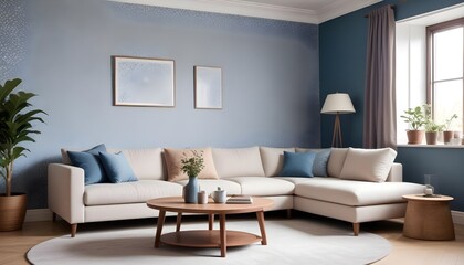 Scandinavian living room interior design zoom background,Doodle patterned wallpaper graphics