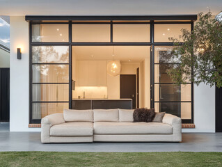 Modern living space with large sofa and open kitchen view during evening hours