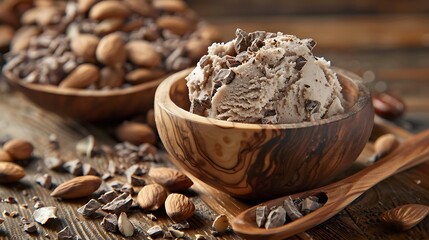 Mocha scoop on frosted chilled almond chunks natural wood