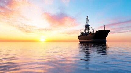 Obraz premium A Majestic Offshore Oil Rig at Sunset with Vibrant Colors Reflected on Calm Water, Showcasing Industrial Energy and Natural Beauty in Perfect Harmony