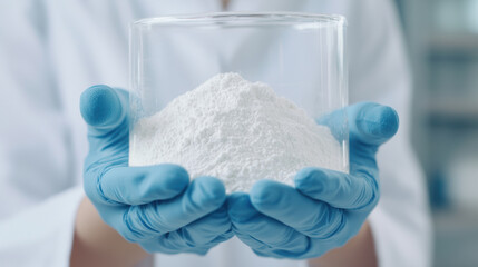 Scientist Holding Container of White Dried Chemical Powder Close-up of gloved hands holding a glass container filled with white powdered chemical, representing laboratory research, science