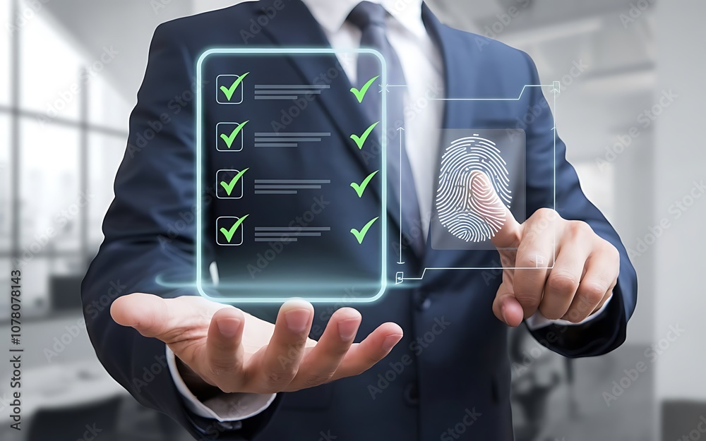 Poster secure digital checklist: businessman with fingerprint authentication