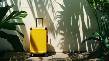 Obraz premium Bright Yellow Luggage Against Tropical Leaves