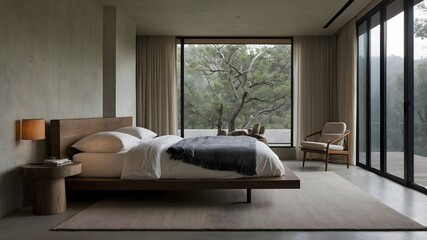 AI-generated minimalist bedroom blending Japanese, French, and Belgian styles with natural materials, serene backdrops, and varied lighting for elegance