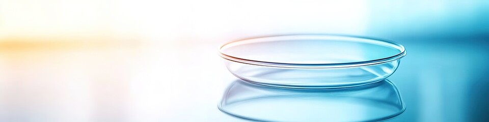 Blue gradient background with empty petri dish in lab