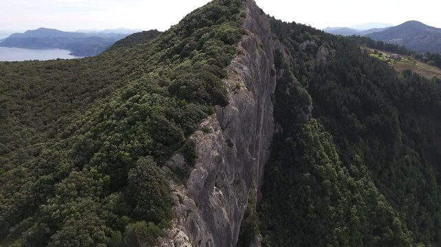 Aerial footage of the observation deck of Ogono.Talaia gailurra on a sunny day in Biscay, Spain