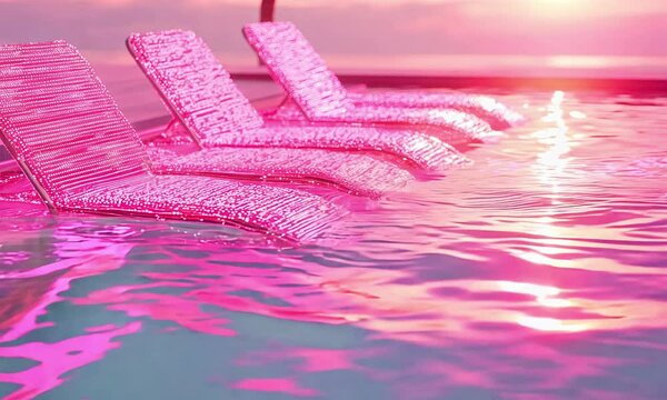 Pink chears reflection in water. Pool party vibes.