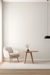 Modern minimalist interior with a cozy chair and simple table in a bright room