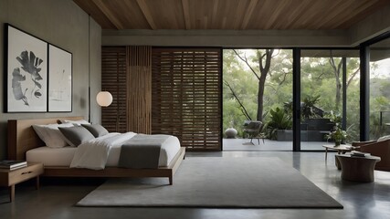Fototapeta premium AI-generated minimalist bedroom blending Japanese, French, and Belgian styles with natural materials, serene backdrops, and varied lighting for elegance