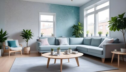 Scandinavian living room interior design zoom background,Doodle patterned wallpaper graphics