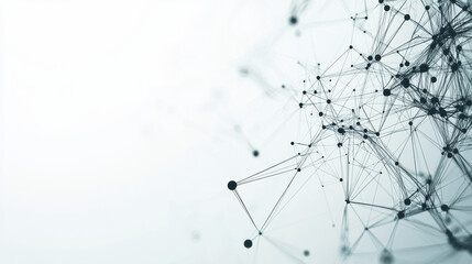 Abstract black digital network background with dynamic particles, geometric lines, and polygonal structures on a white backdrop, ideal for futuristic and tech-themed visuals