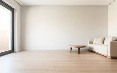Spacious modern living room featuring a light-colored sofa and wooden coffee table