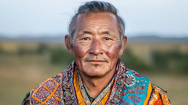 The portrait depicts a native Mongolian nomad dressed in traditional garments, wearing a colorful deel adorned with intricate patterns and ornaments