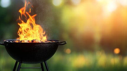 Delicious Barbecue Cooking on a Grill with Flames and Outdoor Setting Surrounded by Green Nature and Warm Sunlight, Perfect for Summer Gatherings and Family Picnics