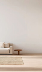 Minimalist living room with neutral tones and natural textures in a modern home setting