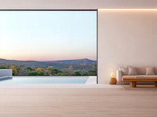 Modern living room with pool view overlooking hills at sunset in serene setting