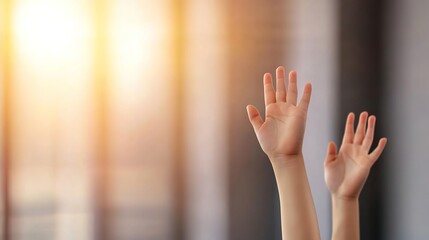 Hands Reaching Upward in a Bright Environment, Symbolizing Hope, Aspiration, and Positivity with a Warm Glow in the Background, Human Emotion Captured in a Dynamic Context