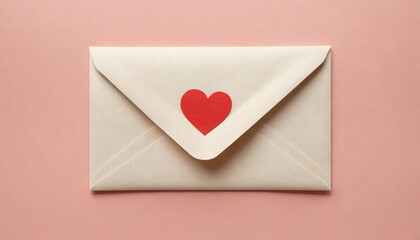 A white envelope with a red heart sticker is on a pink background