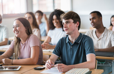 College Students focused listening to professor motivational lecture, learning at High School