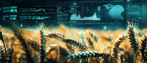 A futuristic wheat field with digital data overlays illustrating agricultural technology.
