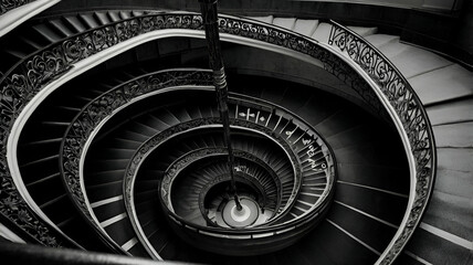 Black and white photograph of spiraling staircase shot from down stairs