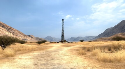 Desert Landscape with Drilling Rig Surrounded by Dry Terrain and Mountains Under Clear Blue Sky – Energy Exploration and Natural Resources Extraction Concept