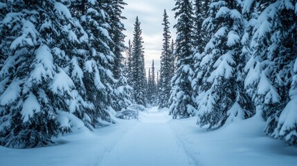Front view of an open forest clearing surrounded by heavy snow-covered trees.