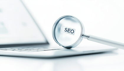 Magnifying glass focusing on SEO text over laptop keyboard, symbolizing digital marketing and search engine optimization strategies