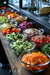 Variety of salads in bowls on a table in a restaurant