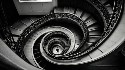 Black and white photograph of spiraling staircase shot from down stairs