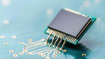 Close-Up View of a Computer Microchip on a Green Circuit Board with Intricate Gold Connections Highlighting Modern Technology and Electronics