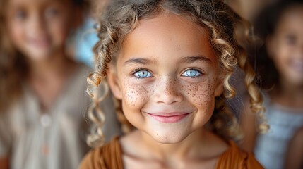 Fototapeta premium Portrait of a Smiling Young Girl with Blue Eyes and Curly Hair