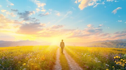 A solitary traveler walks along a tranquil rural road, framed by vibrant wildflowers under a stunning sunset sky