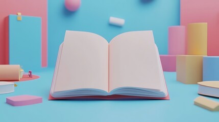 A colorful, open book surrounded by geometric shapes, symbolizing creativity and knowledge.