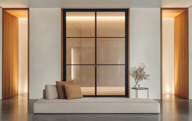 Modern minimalist living room design featuring a low sofa and elegant lighting at evening