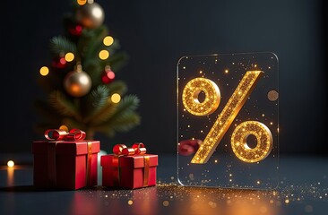 Neon glowing gold percentage sign on Christmas background with Christmas tree, glitter and gift boxes. Shop window for Black Friday, New Year, Christmas sale, discounts. banner, flyer.  - Powered by Adobe